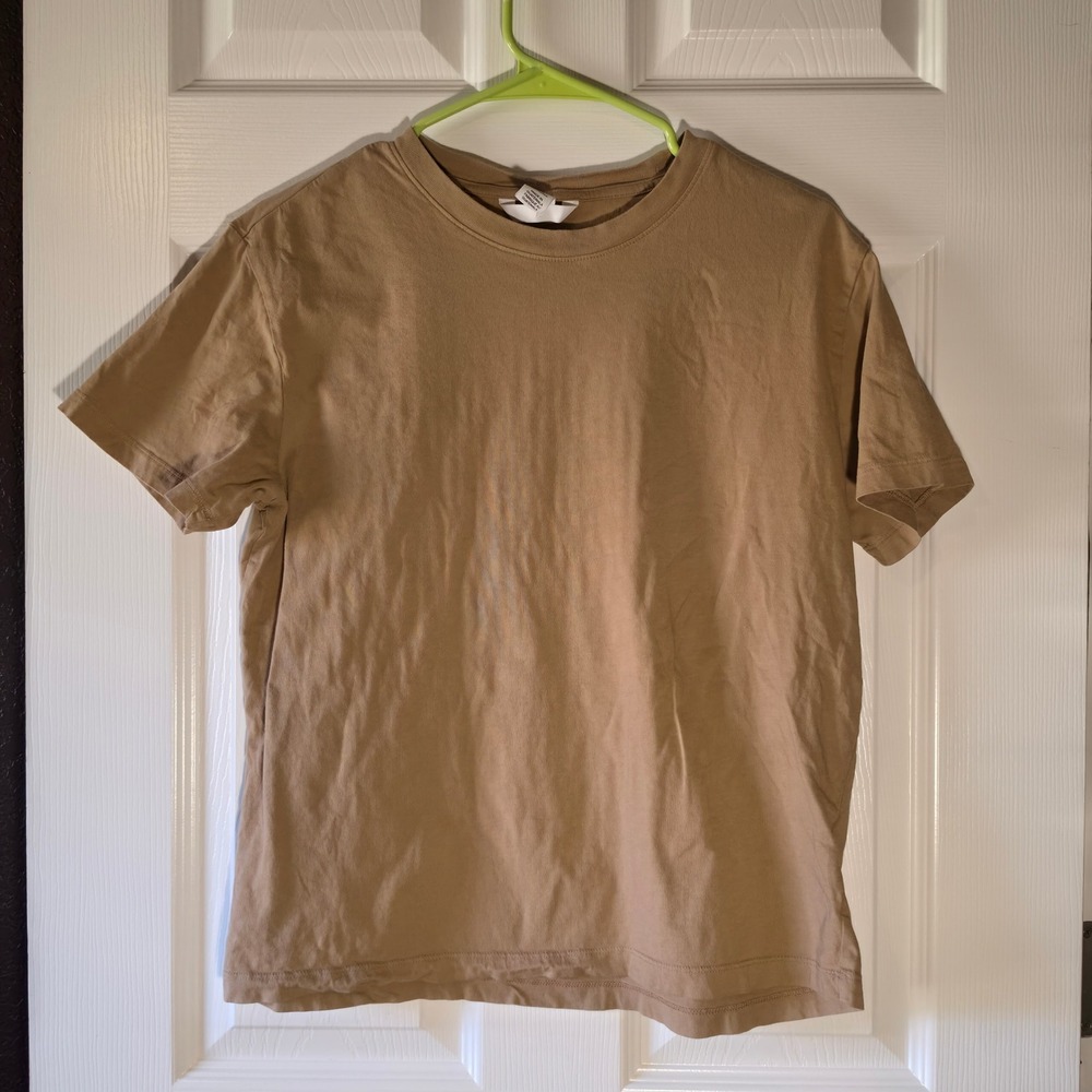 H&M Women Tan Khaki Crewneck Black Short Sleeve T-Shirt Cotton Solid Size M